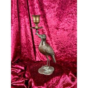 Vintage Brass Decor - Candlestick Holder - Long Legged Bird Holding Branch